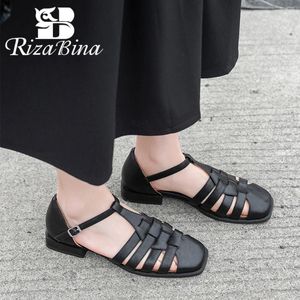 Zapatos informales RIZABINA, sandalias de piel auténtica para mujer, zapatos planos de tacón bajo con correa en T romana, zapatos de tacón Vintage para oficina para mujer, hechos a mano, talla 34-40