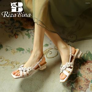 Chaussures décontractées Rizabina Real Leather Femmes Sandales Toe Toe Decoration Flower Decoration Low Talon Slingback 2024 Été élégant Prom Wedding