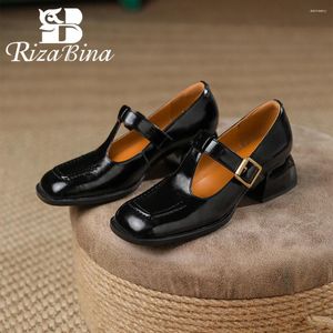 Chaussures décontractées RIZABINA Femmes Pompes En Cuir Véritable Mode T-strap Design Chunky Talon Mocassins Dame Bout Carré Robe Élégante Fête 2024