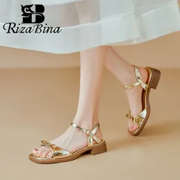 Chaussures décontractées rizabina femmes sandals fashion carré orteil en cuir réel en cuir bas talon slingback plate des dames d'été.
