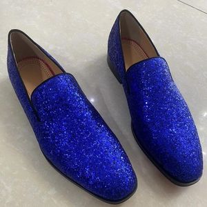 Casual schoenen Royal Blue Men pailletten luxe mode glitter loafers jurk slip op heren flats feest en bruiloft