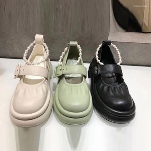 Chaussures décontractées Ruffles Courte en cuir Mary Janes Femme Ankle Pearl Strings Plateforme Double couche Bottom Creepers Flats 2024