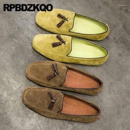 Zapatos casuales Runway Fringe Flats Flats de borla tassel Slúdito suave Slubuck Slip en mocasins Diseñador de mocasines Hombres marrones Toe cuadrado