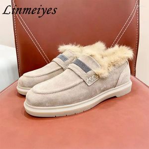 Chaussures décontractées s Muisseurs semelles épaisses Femmes Toe rond Per perle vache en daim plat promenade hivernale Femme chaude femme