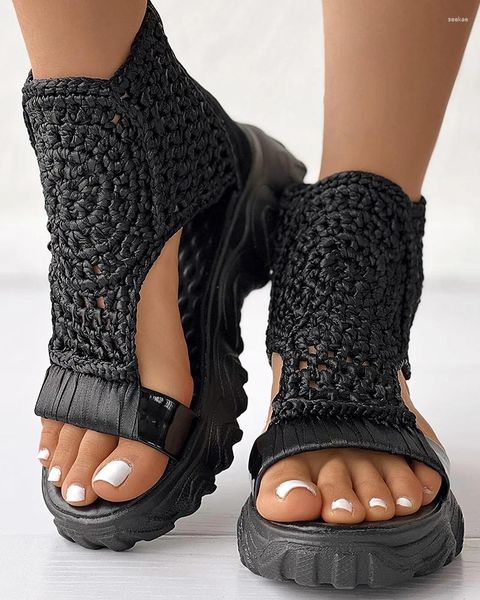 Chaussures décontractées sandales femmes tressé géométrique coin tricoté élastique été maille plate creuse femme plate-forme