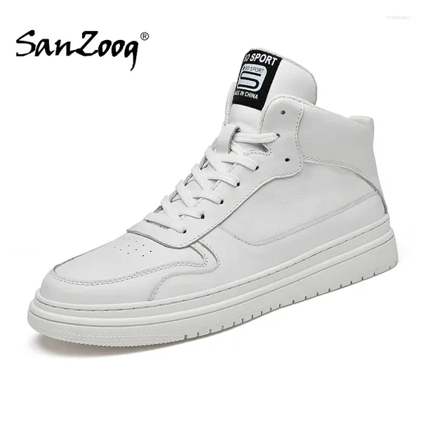 Chaussures décontractées Sanzoog Mens High Top Skateboard Véritable cuir en cuir Flats blanc Qualité