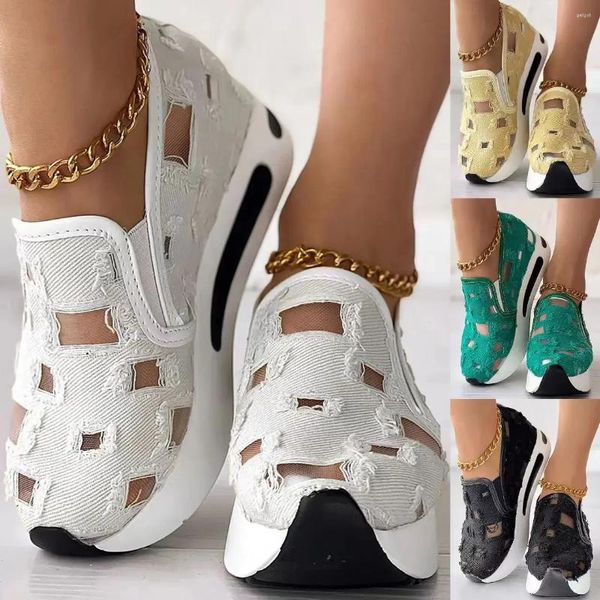 Zapatos informales de lino con boca poco profunda para mujer, tenis femeninos con punta redonda, zapatillas planas sin cordones, lino, 2024