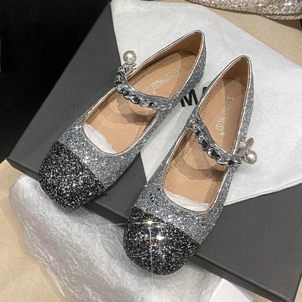 Mary Jane – chaussures décontractées à paillettes brillantes pour femmes, escarpins élégants avec chaîne et boucle en perles, mocassins en cuir à talons bas