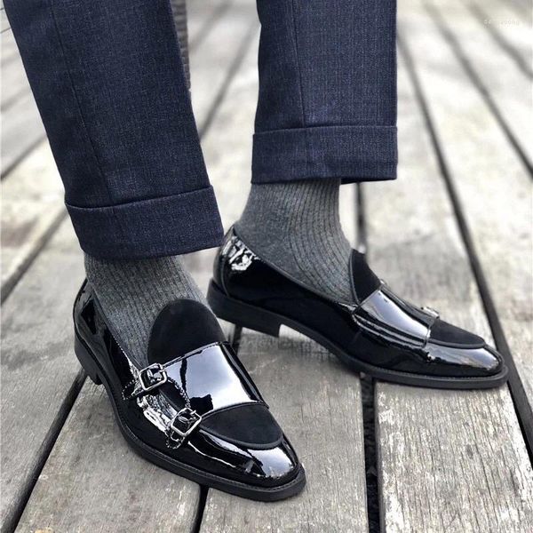 Zapatos casuales SHOOEGLE Patente Patente Estilo Vintage Hombres Doble Monk Strap Buckle Bedle Boda Vestido de alta calidad