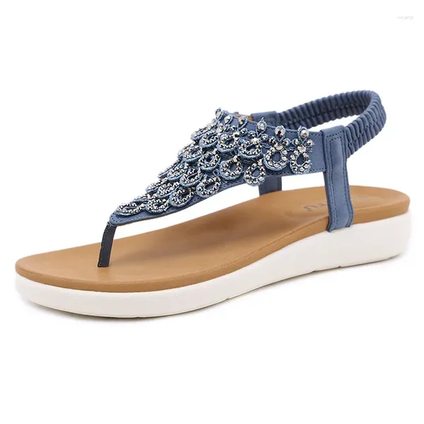 Zapatos informales marca SIKETU verano 2024, sandalias de playa para mujer, banda elástica BOHO, Clip dedos, diamantes de imitación, tacón plano, elegante, dulce y fluido 42