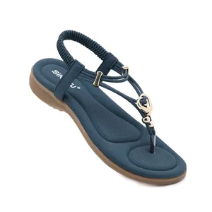 Chaussures décontractées siketu marque de mode d'été nouveauté talon plat sandales femmes bohemian t-strap clip toe toe cordes perles élastiques band plage bleu