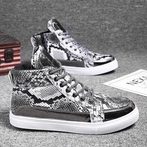 Chaussures décontractées Argent Serpent Cuir Hommes Marque Baskets Tendance Fermetures À Glissière Conception Hommes Vulcanisé Paillettes Haut Haut