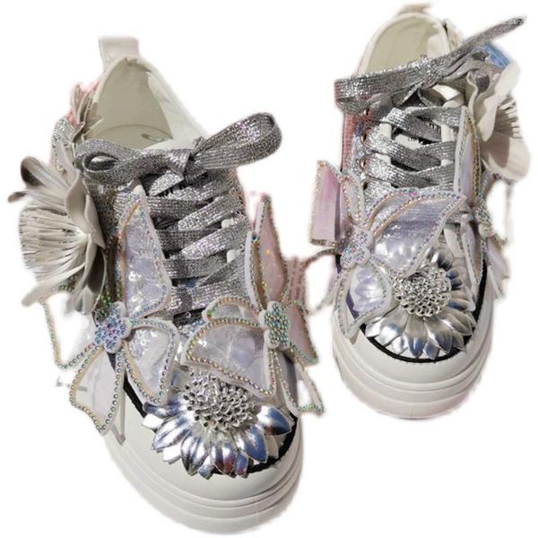 Chaussures décontractées Argent Baskets Style S Paillettes Femmes Mode Strass Fleur Dentelle Cristaux Papillon Fond Lourd Mignon