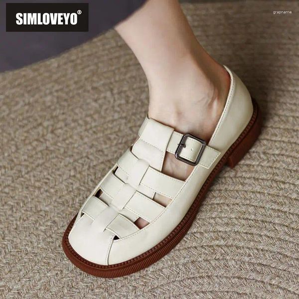 Chaussures décontractées SimLoveyo Brand 2024 Été Femme Femmes 32 33 Sangle de boucle à orteil carré Hollow à grande taille 42 43 Soft Causal Daily Femmes