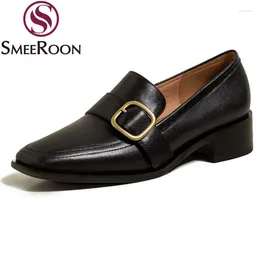 Smeeroon – escarpins en cuir véritable pour femmes, chaussures décontractées, escarpins à talons épais, bout carré, simples, pour bureau, printemps et été, 2024