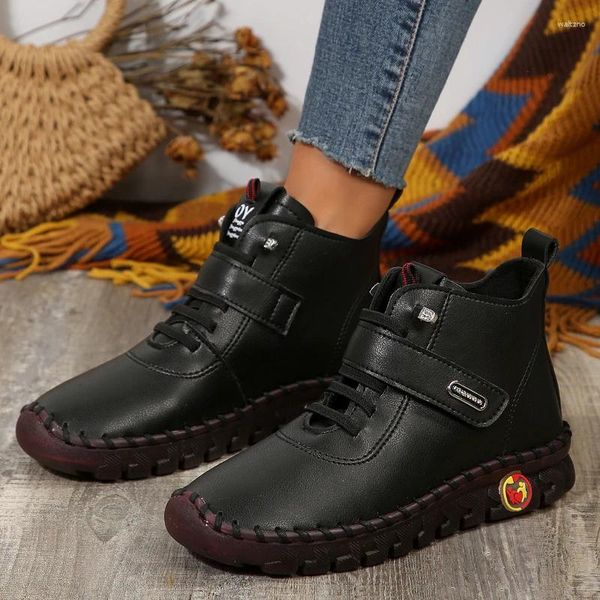 Zapatos casuales Zapatillas de deporte Mocasines de plataforma para mujer Botas planas de cuero con cordones para primavera Mamá cosidas a mano Botas desnudas de invierno