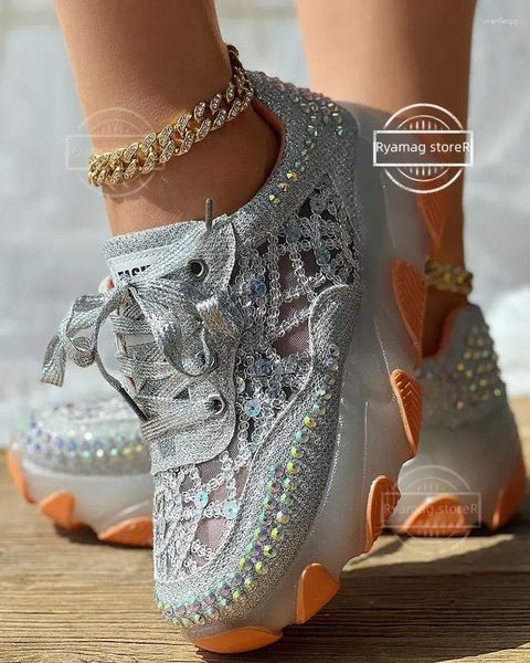 Zapatos informales, zapatillas de deporte para Mujer, parche de encaje con diamantes de imitación, lentejuelas en contraste, Tenis para Mujer, mocasines, Zapatos de cristal para Mujer