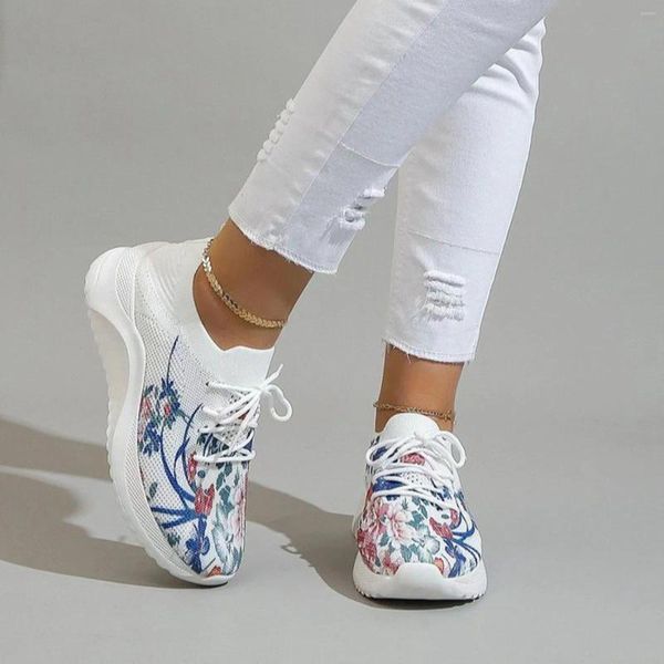 Chaussures décontractées Sneakers Tennis féminin Mesh à maille en tricot à imprimé floral en tricot et à une semelle épaisse sport féminin zapatos