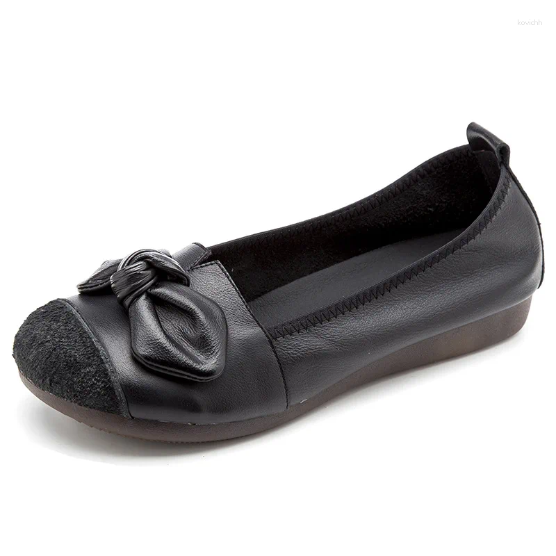 Casual Schuhe Weiches Leder Schwarz Frauen Echte Flache Müßiggänger Mit Schleife 2024 Slip Ons Turnschuhe Weibliche Wohnungen