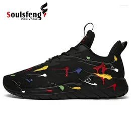 Chaussures décontractées Soulsfeng Mens coulant Mesh Breathable Amortissage léger entraînement Patché à jet d'encre Sneakers athlétiques Femme Summer