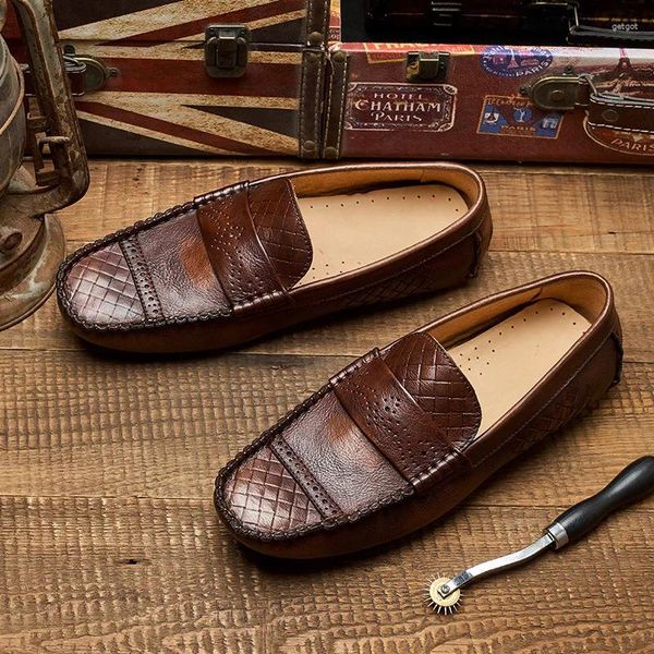 Chaussures décontractées printemps automne britannique Style Loison Soft Flat Bottom Couture Weave Brown 38-44 Slip-On Entièrement en cuir en cuir Mentières 2306