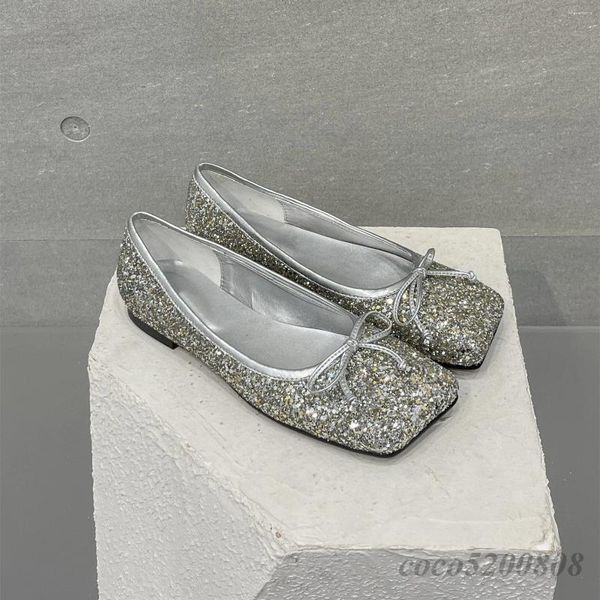 Zapatos casuales primavera otoño mujer moda brillo Bling Ballet pisos mocasines con lazo RunwaySquare Toe Slip-on