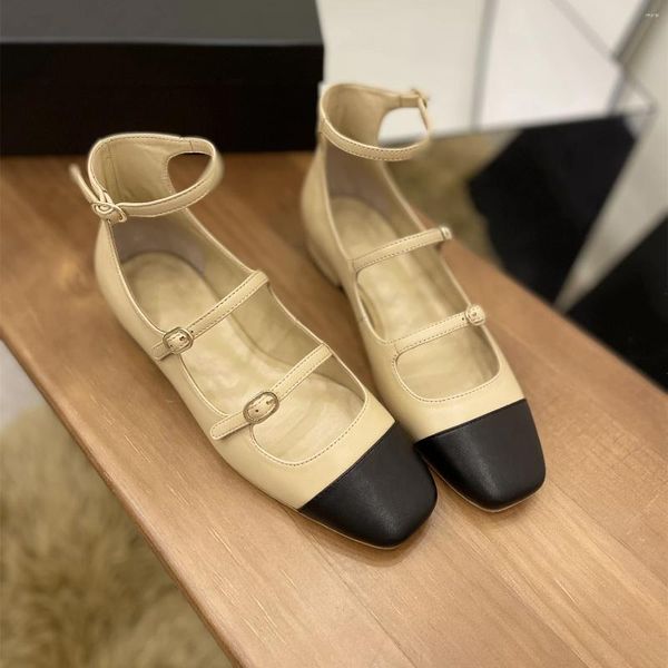 Chaussures décontractées Printemps Automne Femmes Mode Sandales en cuir véritable Talons bas Mary Janes Bout carré Appartements Piste Tenue Mocassins 41