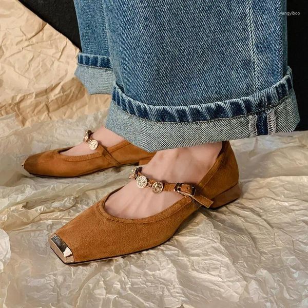 Chaussures décontractées printemps/automne femmes pompes en cuir véritable pour bout carré talon bas élégant en métal Mary Janes concepteur