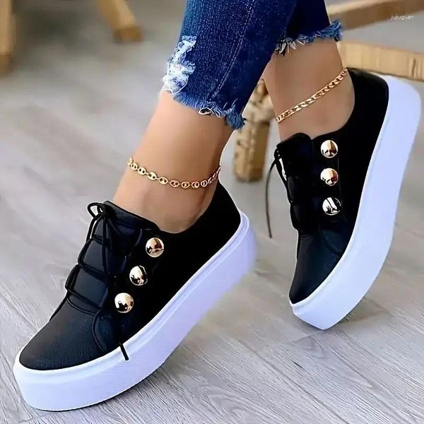 Zapatos informales para primavera y otoño, zapatillas de deporte para mujer, mocasines con plataforma de cuero PU negro, zapatos planos cómodos con cordones a la moda para mujer de talla grande