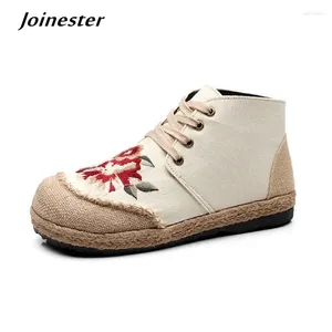 Casual Schoenen Lente Canvas Bloemen Geborduurd Retro Sneakers Voor Meisjes Platte Hakken Hennep Brede Teen Veterschoenen Dames Hoog Uitgesneden Vrije tijd