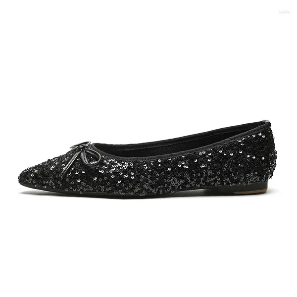 Chaussures décontractées de la mode printemps femmes 2cm talons bas de banquet pompes dame argenter paillettes noires valentin femelle nouée