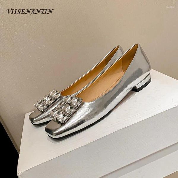 Zapatos casuales Primavera Plata Mujeres Pisos Cabeza cuadrada Tacón bajo poco profundo Hebilla de cristal única Decoración Cuero de moda