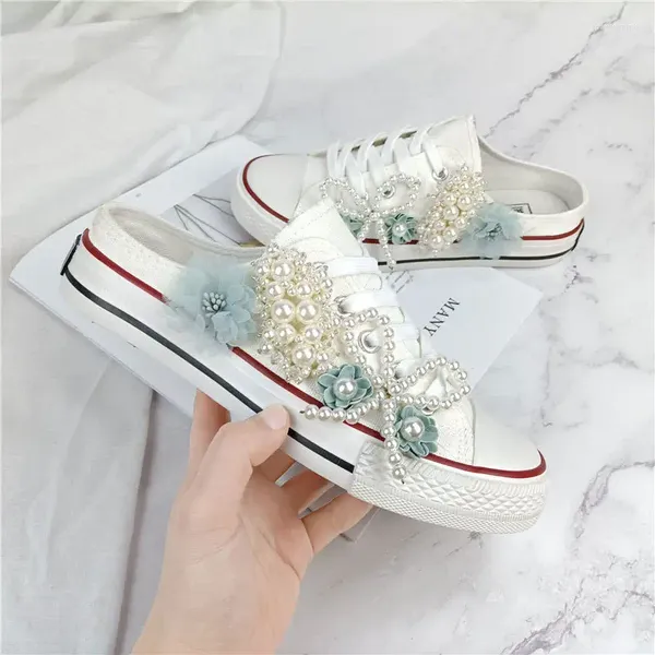 Zapatos casuales Primavera/Verano lona sin tacón para mujeres flores de perlas niñas estudiantes moda con cordones 35-40