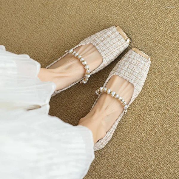 Chaussures décontractées Toe Square Flats Pearl Mary Jane 2024 Printemps / Summer Femme Designer Bureau peu profond Lady