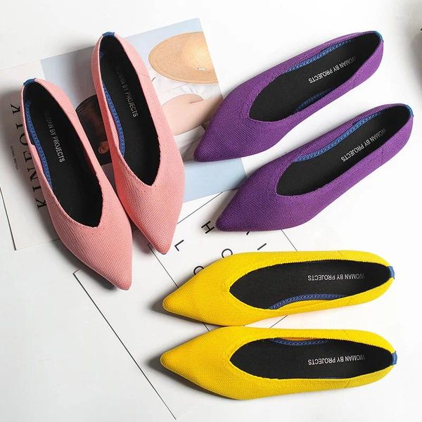 Chaussures décontractées en tissu extensible, ballerines à bout pointu pour Femme, mocassins confortables à fond souple et solide, bateau tricoté peu profond, 2024