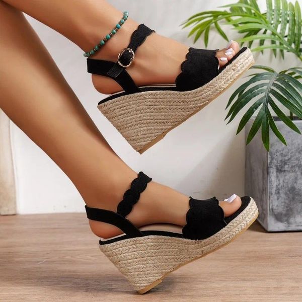 Zapatos informales Sandalias de cuña deslizantes con dedo del pie y cuerda para mujeres Tacones de 15 cm