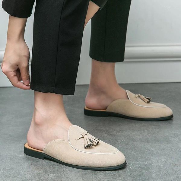 Zapatos informales de piel de ante para Hombre, zapatillas con borlas, mitad para Hombre, diseñador de moda de verano, Zapatillas de lujo para Hombre