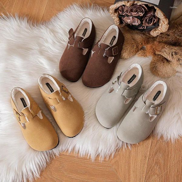 Chaussures décontractées en daim cuir chaud fourrure appartements femmes bout rond en peluche rembourré coton mocassins femme boucle ceinture laine fourrure mocassins grande taille 43