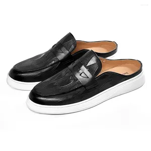 Chaussures décontractées Fashion Summer Men de vache véritable cuir noir noir Slip-on Mules Flat Shopping Malf Slipper for Men
