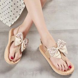 Zapatos informales Sandalias de mujeres Flip-flop Lino Cool Bohemian Beach Beach Floral Impresión Bow Luxury Diseñadores