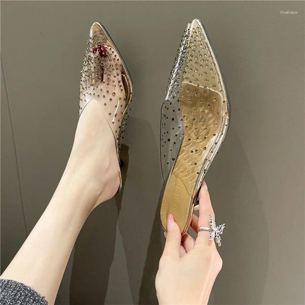 Chaussures décontractées Style coréen Sandales pointues élégantes talons bas pour l'orteil féminin Semi-pantoufle sexy strass de ganters d'extérieur