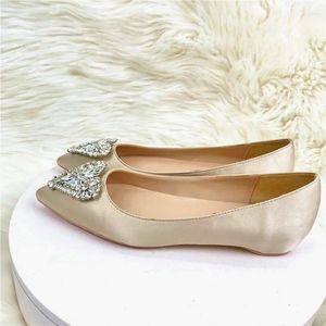 Casual schoenen zomer puntig elegant banket zijden satijnen strass licht champagne kleine geur flat sole enkele schoen