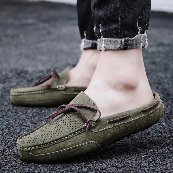 Zapatos informales, mulas de cuero de ante para verano, mocasines sin espalda para hombre, zapatillas sin cordones, planos, mitad verde para talla grande 38-47