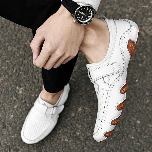 Zapatos informales de verano para hombre, zapatillas de deporte con suela de pulpo de cuero perforado blanco, mocasines genuinos para exteriores