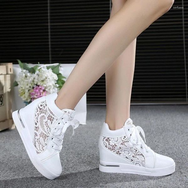 Chaussures décontractées été femmes dentelle respirant maille baskets blanc appartements mocassins talons hauts plate-forme compensées dames Creepers mode