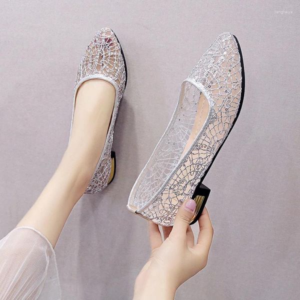 Chaussures décontractées d'été pour femmes, sandales transparentes en maille respirante, paillettes de fête, talons bas, argent, grande taille