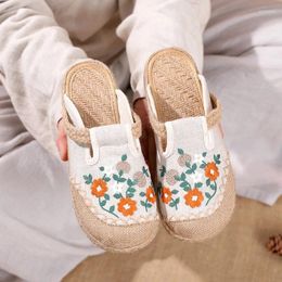 Zapatos informales Mujeres de verano Slippers bordado Elegante Flat con algodón de ocio Damas hechas