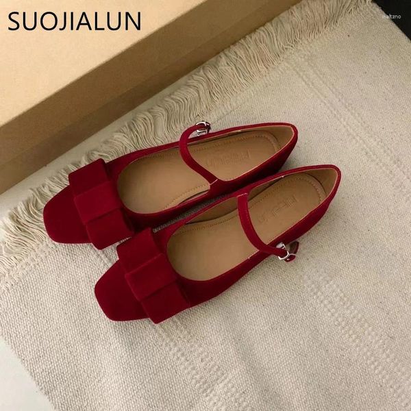 Chaussures décontractées Suojialun 2024 Spring Women Fashion Fashion Red Bow-Knot Dames Elegant Ballerinas Toe Robe Robe Mary Jane