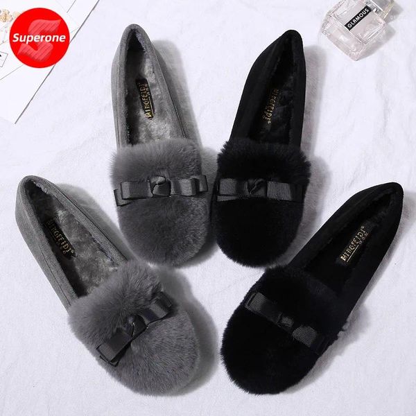 Zapatos casuales Superoe Lindo Knot de seda de Silk Plus Tamaño 35-43 Invierno Fuerz Flattie Lady Peains Slip-ons Gray