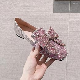 Casual Schoenen Zoete Meisjes/Dames Strik Knoop Ballerina's Glitter Kristal Kralen Platte Mocassins Vierkante Neus Lovertjes Loafers Van Stof Voor Dames